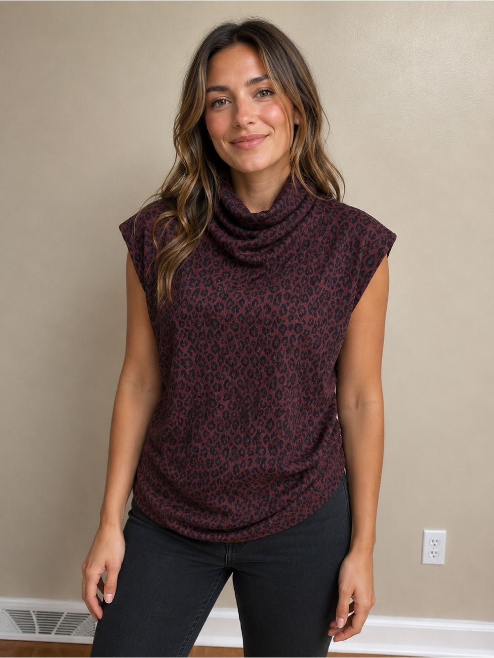 Michael Stars Leopard Print Sleeveless Cowl Neck Stretch Top Size Medium